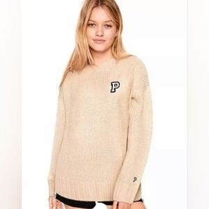 PINK VS Varsity Boyfriend Crewneck Sweater Oatmeal NWT